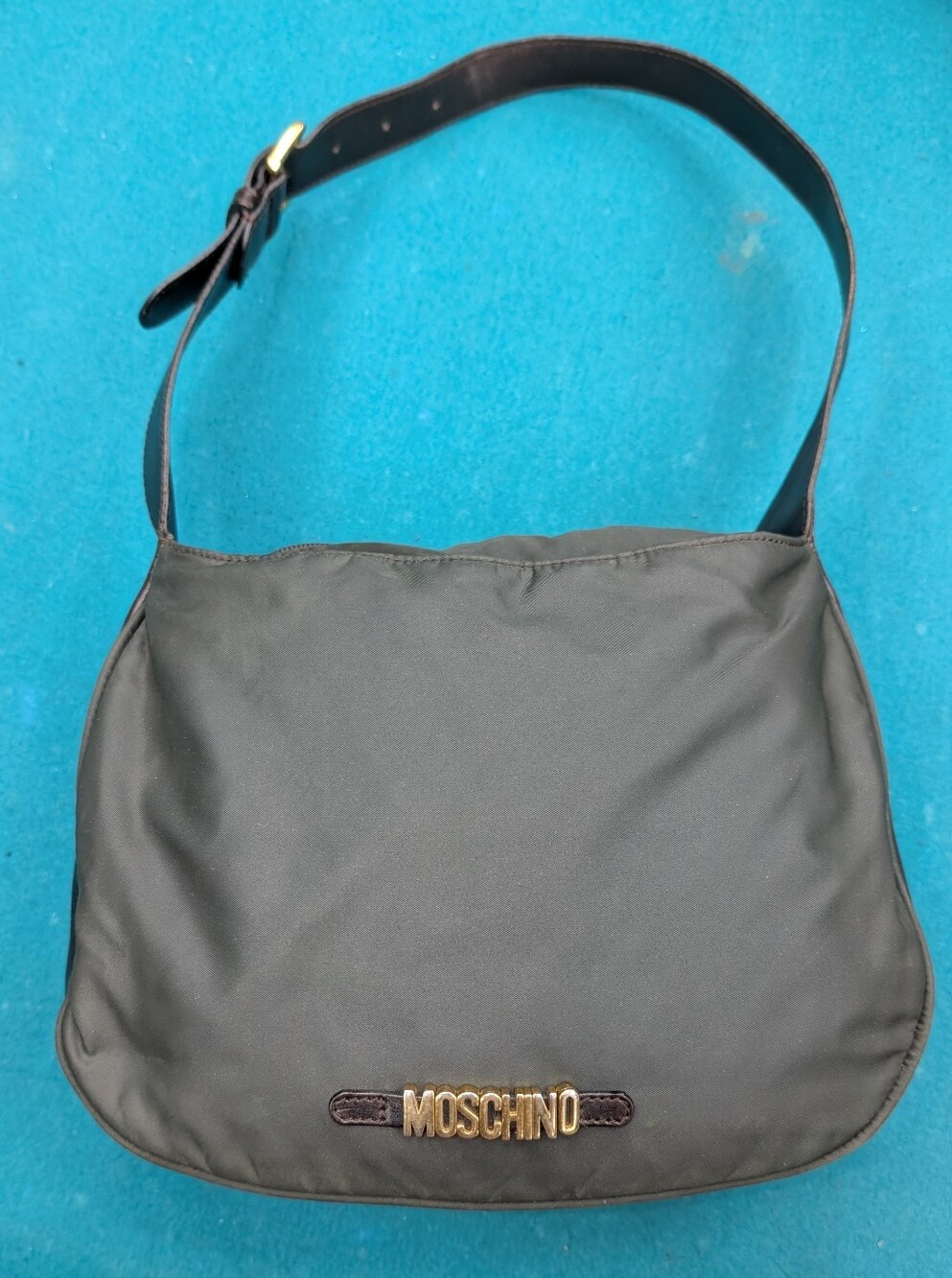 Vintage 90s Moschino Black Nylon Leather Shoulder Bag Hobo Gold Logo Italy